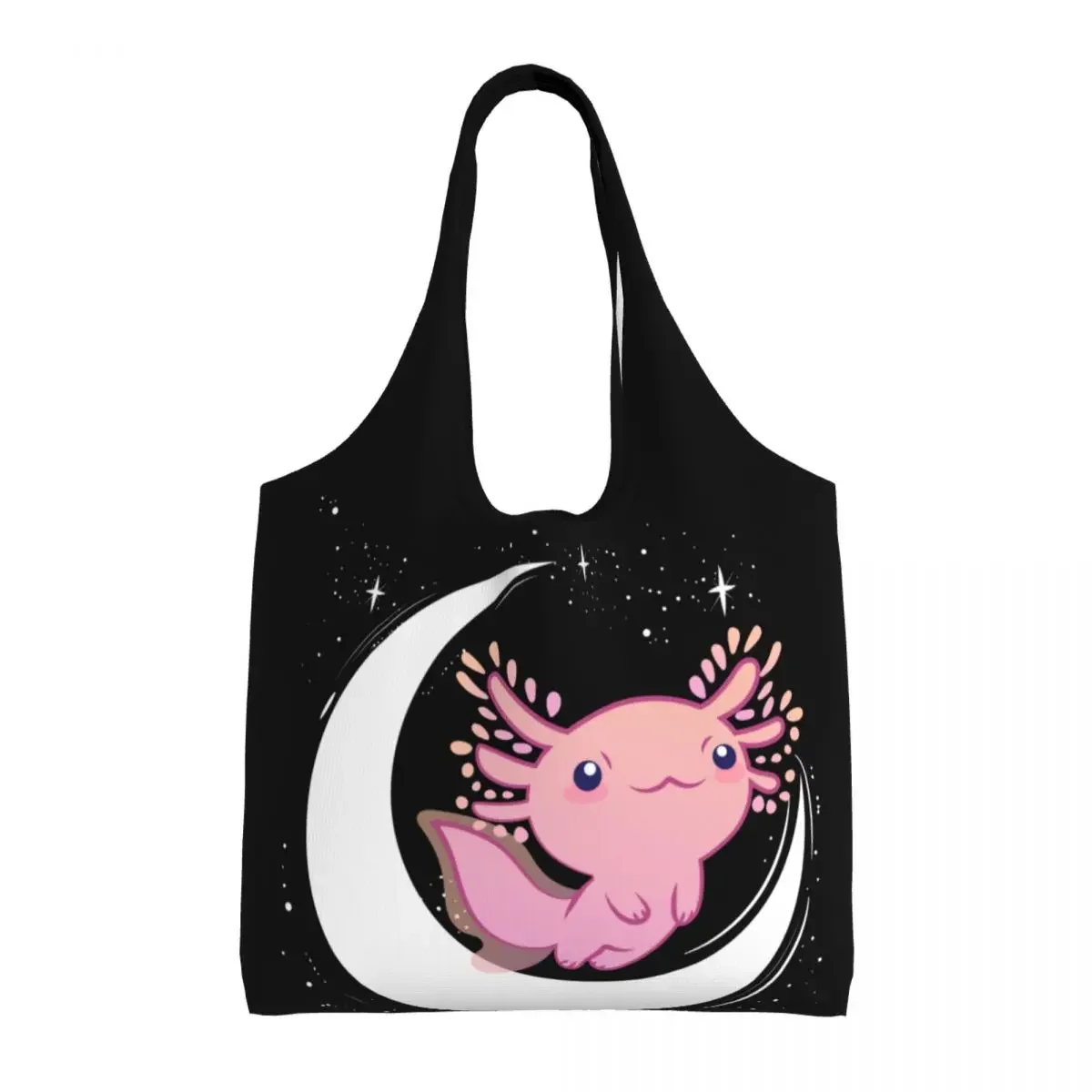 Recycling Cute Axolotl On The Moon Shopping Bag Women Shoulder Canvas Tote Bag Washable Salamander Animal Groceries Shopper Bags