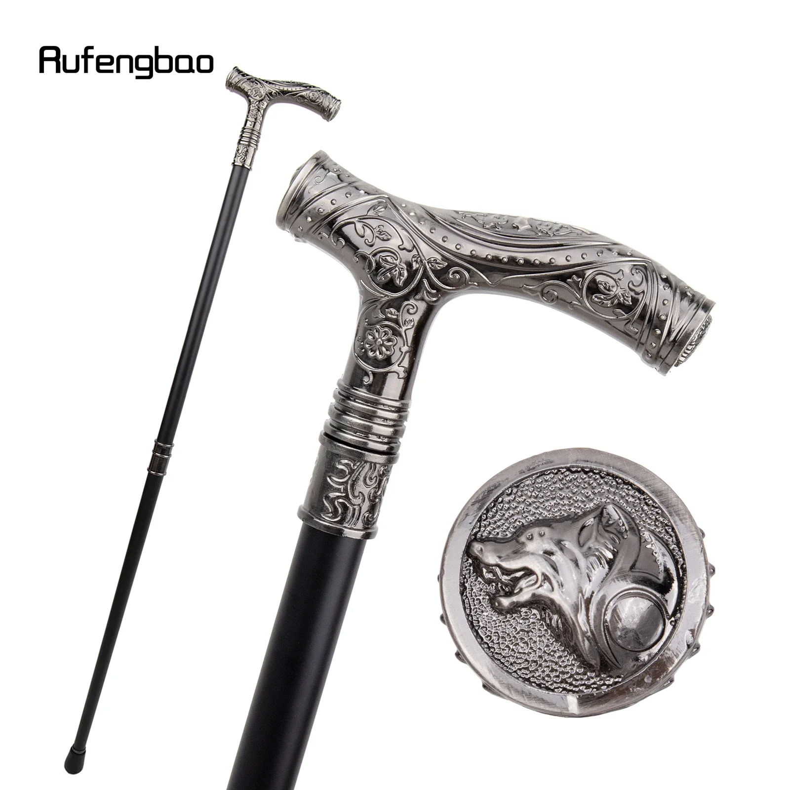 Silver Wolf Head Flower Totem Relief Walking Cane Fashion Walking Stick Gentleman Crosier Knob Walking Stick 93cm