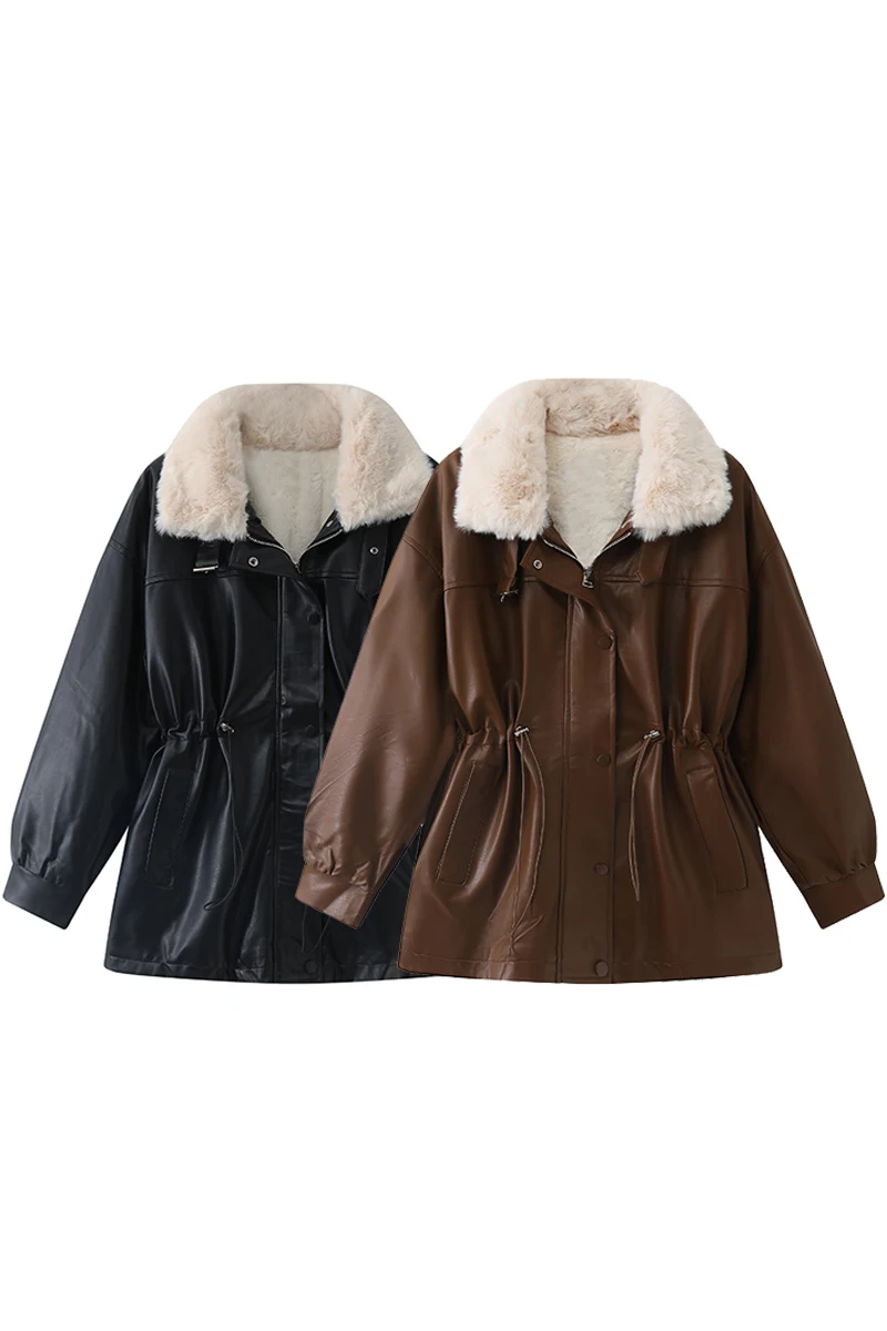 Abrigo de cuero Retro americano para mujer, cuello vuelto, cremallera, cintura elástica, ropa de abrigo, chaqueta que combina con todo, moda de
