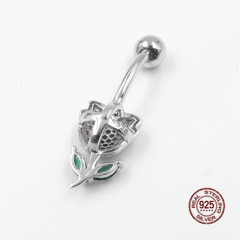 925 Sterling Silver Navel Piercing Zircon Flower Belly Button Ring for Women Rose Belly Piercing Ring Body Jewelry Summer Gift