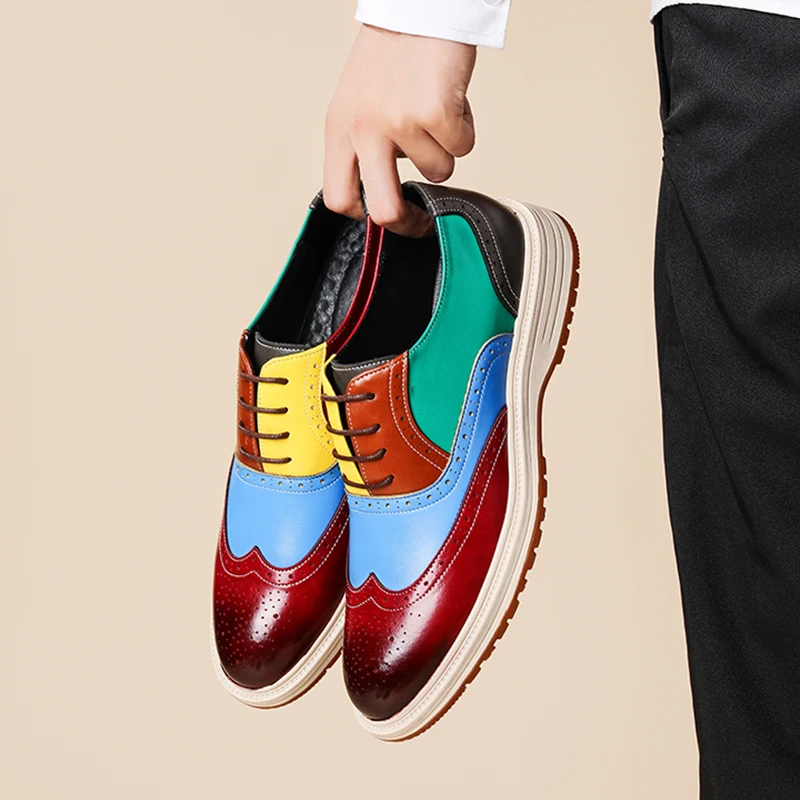 Mens Leather Shoes Business Casual Oxfords Shoes 2026 New Trendy Dopamine Patchwork Brogue Shoes Man Casual Leather Shoe