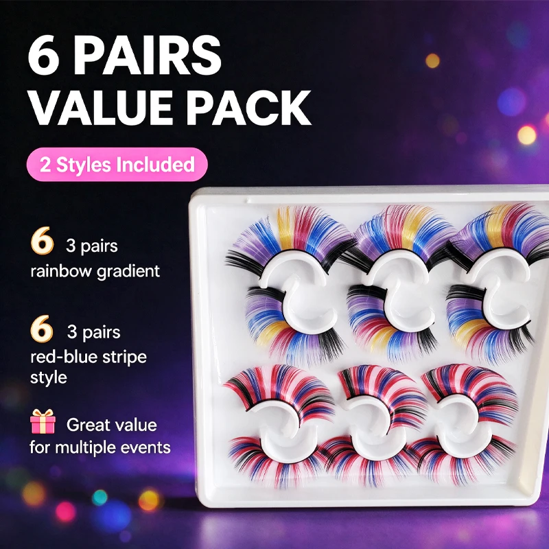 6-Pair Set Colorful Fake Eyelashes for Holiday Dates Halloween Cosplay Parties Exaggerated Eyelashes