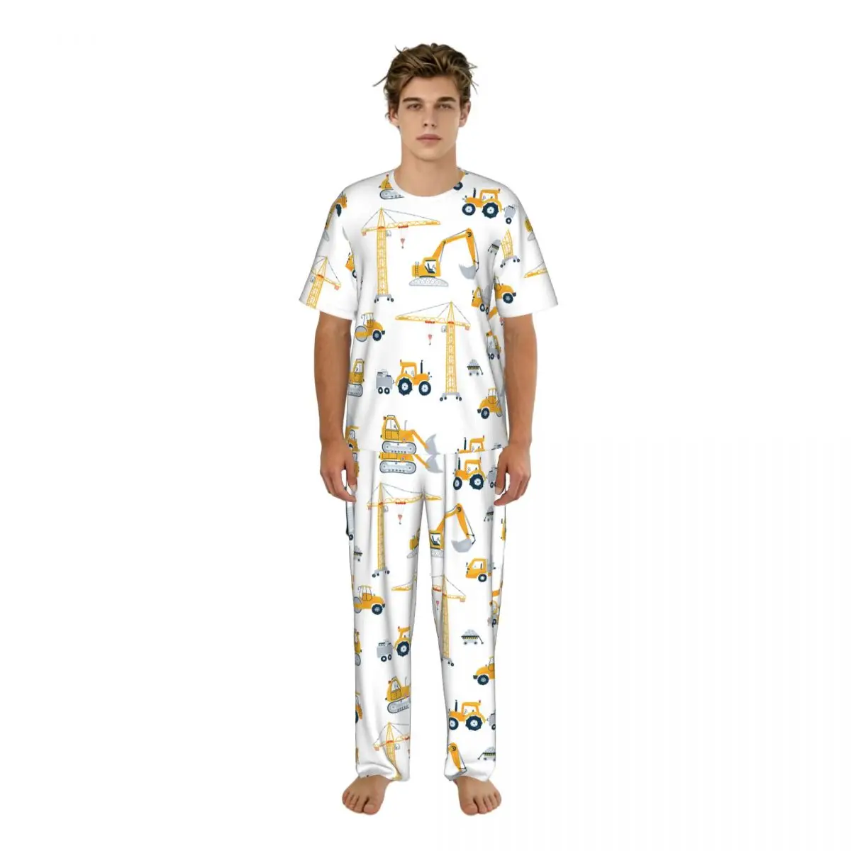 

Men Pajamas Suit Short Sleeved Long Pants Yellow Car Dump Truck Crane Sleepwear Summer Home Clothing Set