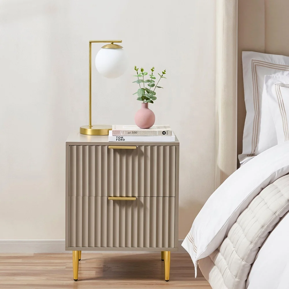 

2 Drawer Living Room Sofa Side Table Wooden Fluted Bedroom Night Stand Bedside Table