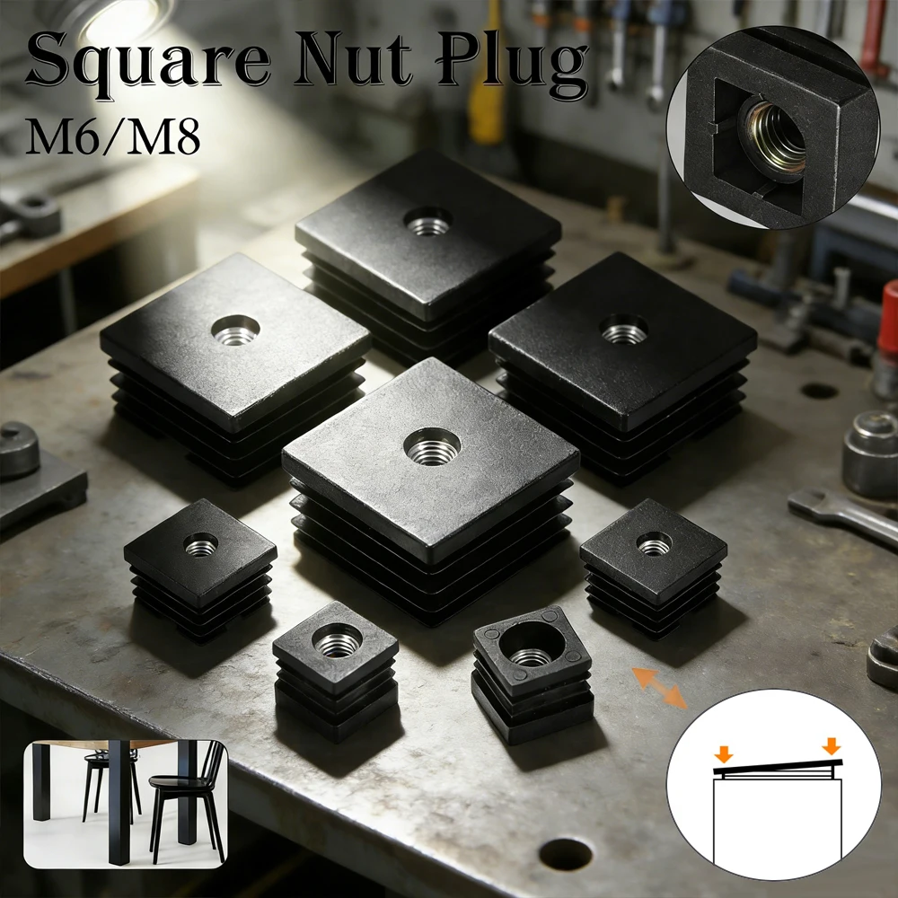 4pcs Plastic Blanking Plug Set, M6 M8 Square Caps with Nut Hole for Quick Tube End & Furniture Protection, Easy Install