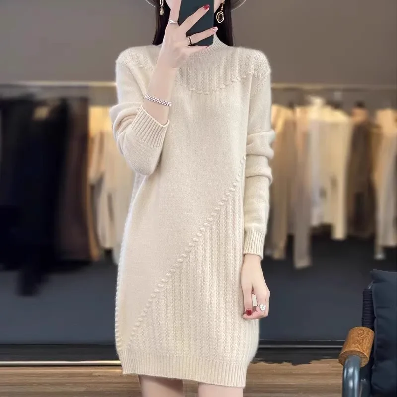 

Mid to Long Length Sweater Women's Autumn and Winter Semi High Neck Knitted Dress Loose and Slimming Long Sleeved Skirt