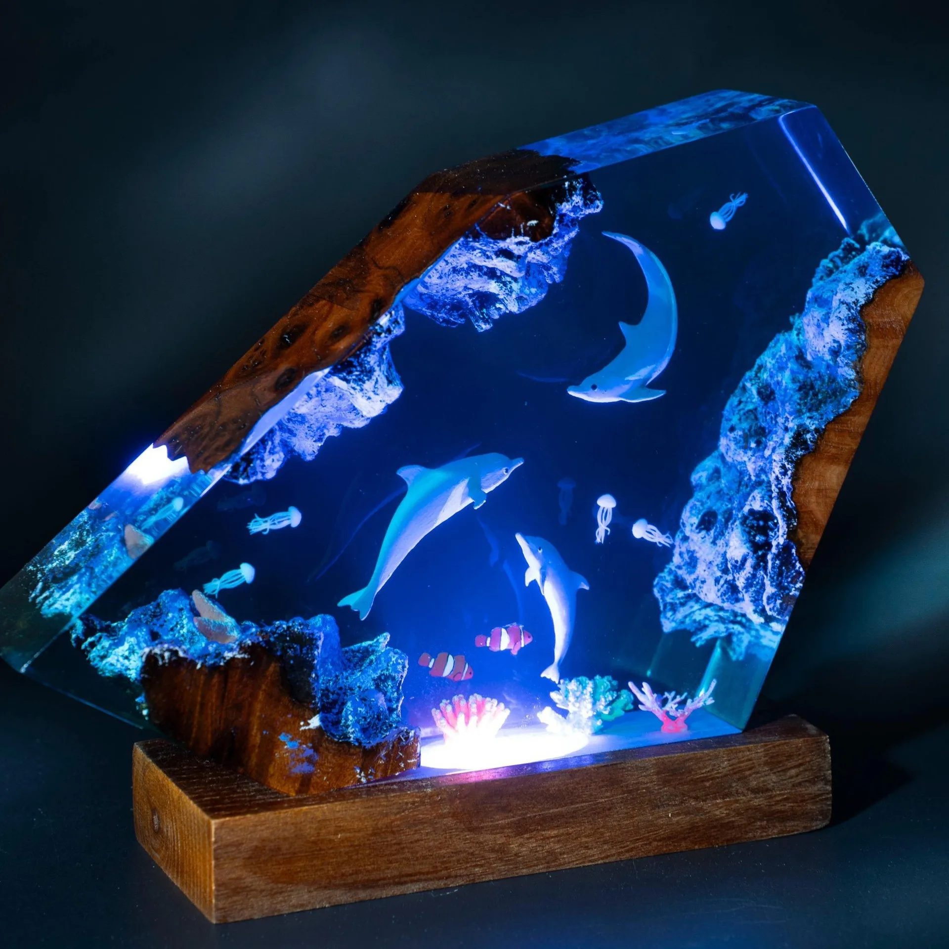 

6X4 Inches Dolphin Family Epoxy Resin Lamp Decoration for Home Decor and Craft Unique Gift for Ocean Life Enthusiasts