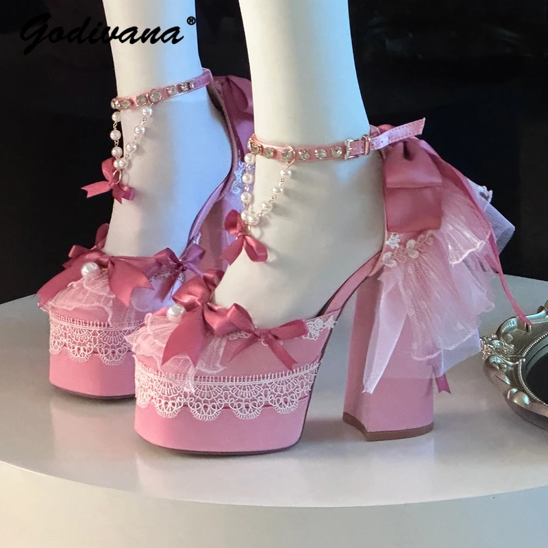 

Y2k Pink Lolita Platform Shoes Women's Sweet Elegant Bow Lace Pearl Velvet Mary Jane Shoes Ladies Birthday Party High Heels