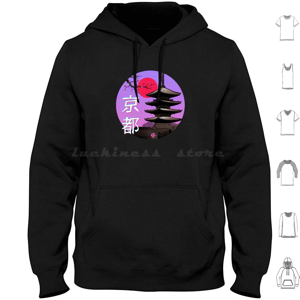 Kyoto Wave Hoodie Cotton Long Sleeve Kyoto Vaporwave Wave Retro Retrowave Kyotowave Japaneseart Japan Temple Temples 80s