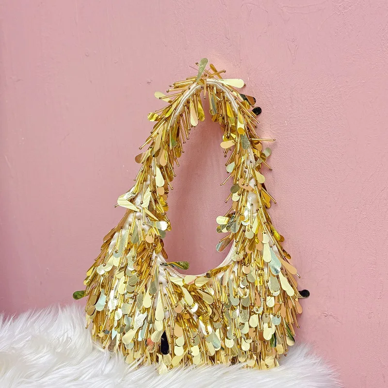 

Design Elegant Woven Pink Underarm Bag Handmade Sequin Women Shoulder Bag Casual Tassel Lady Handbags Big Shopper Purse