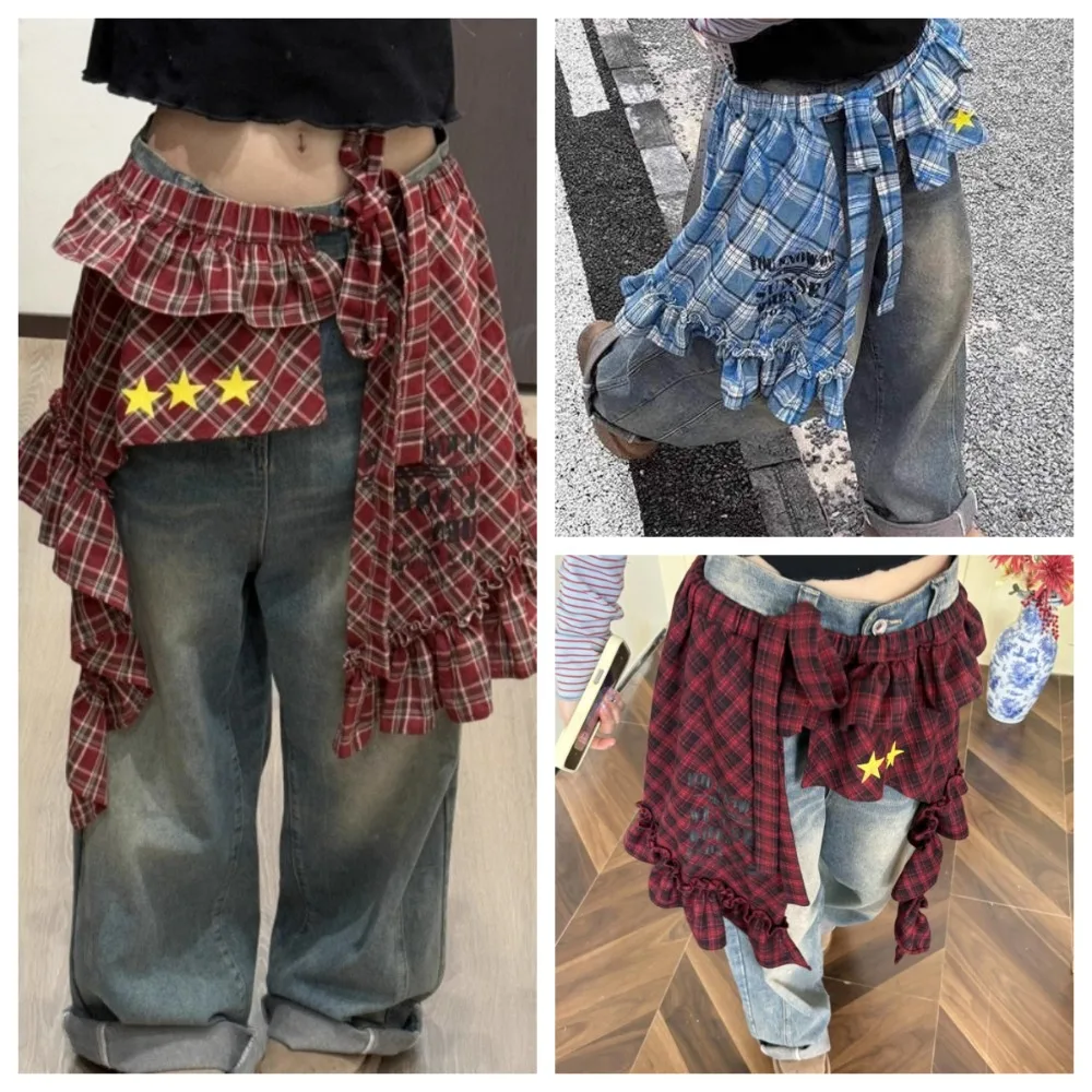 Estrela camada outfits saia xadrez camisa extensor hip-hop rendas até hip cachecol doce y2k babados borda cintura