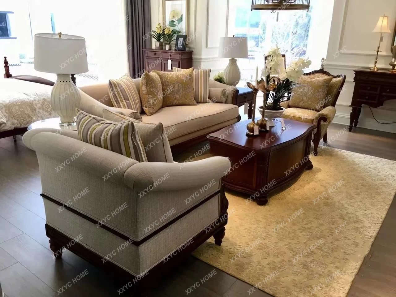 Solid wood sofa classical traditional fabric combination single double triple sofa new sofa chair