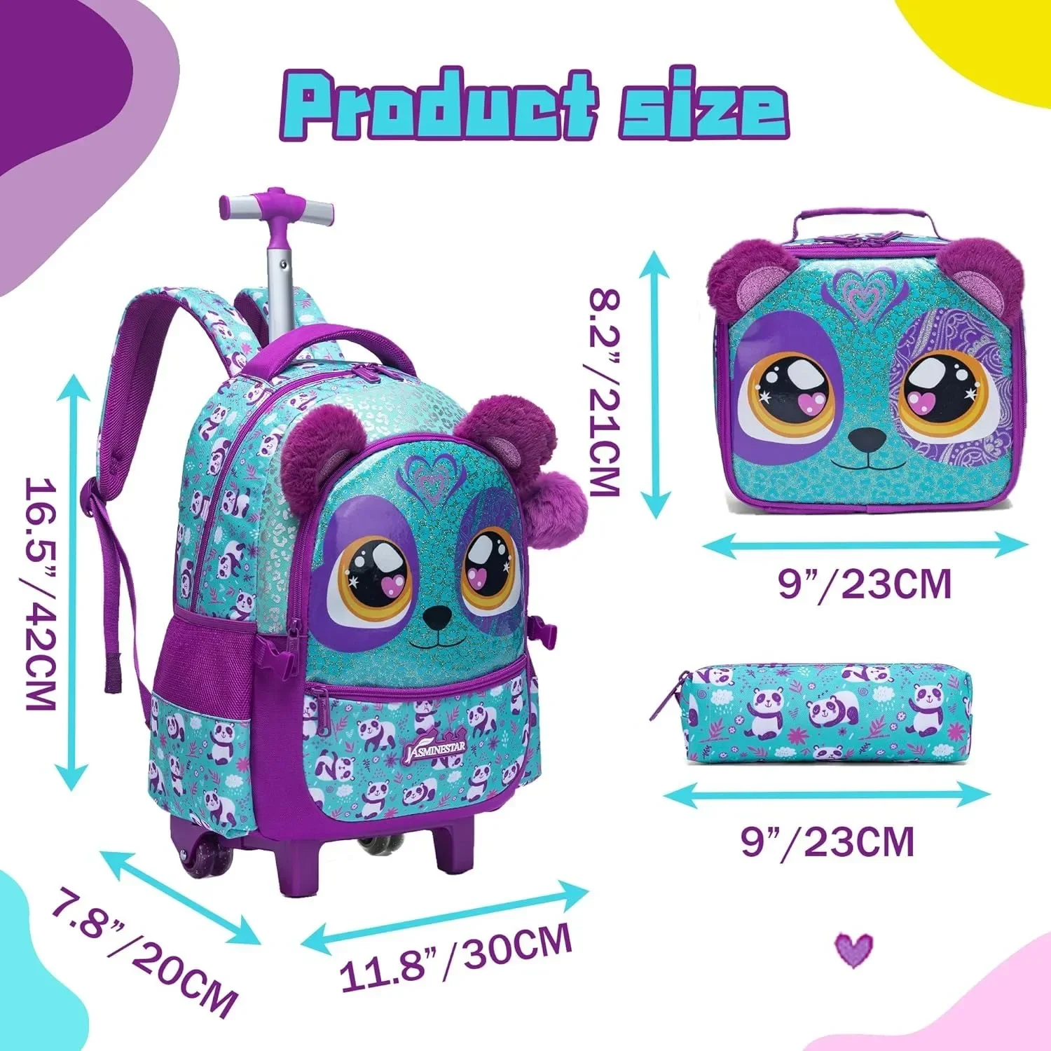 School Bags Rolling Backpack for Girls with Wheels for Elementary Students Kids 2 in 1 Travel Luggage Carry on Suitcase for Girl