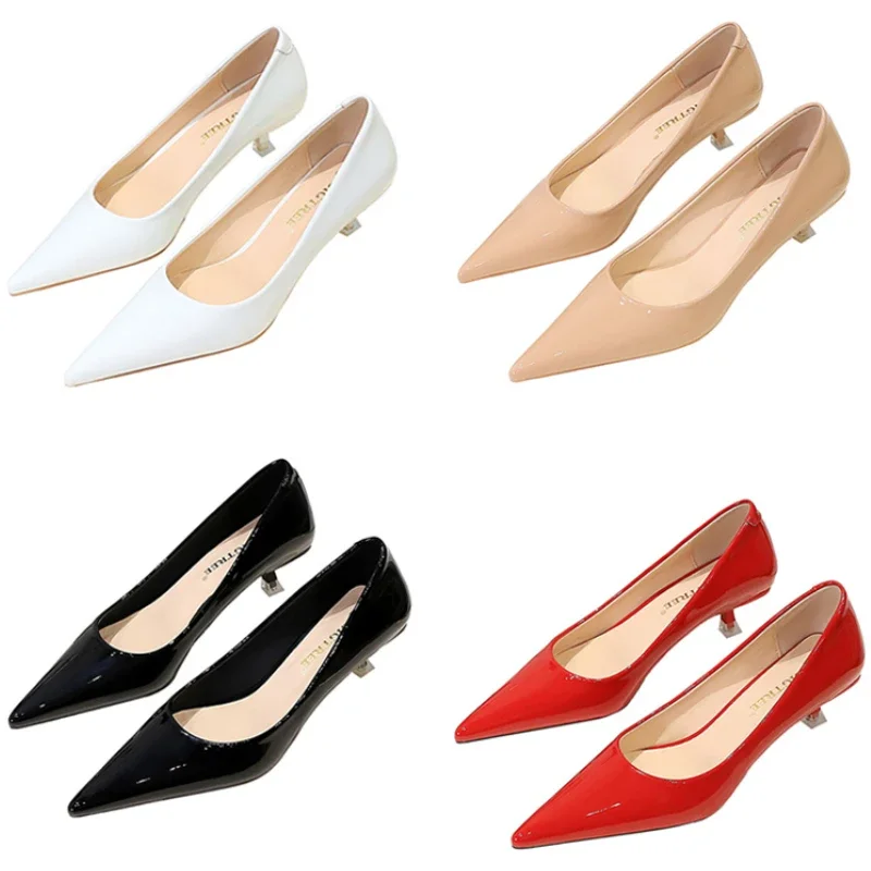 Women 4.5cm High Heels New Fashion Work Evening Banquet Pumps Lady Versatile Pointed Toe Low Heels Red Nude Patent Leather Shoes