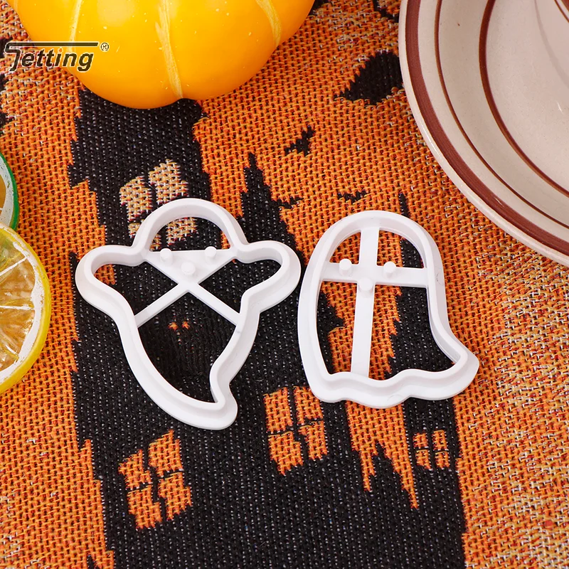 2Pcs Halloween Ghost Theme Plastic Cookie Cutter Biscuit Plunger Fondant Chocolate Mold Sandwich Bread Cake Decorating Tools