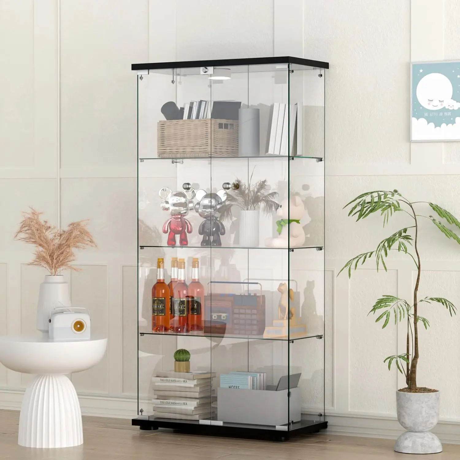 Glass Display Cabinet with LED Push Light, Quick-Install Style 4-Shelf Curio Cabinet - 2 Door Tempered Glass Display Case