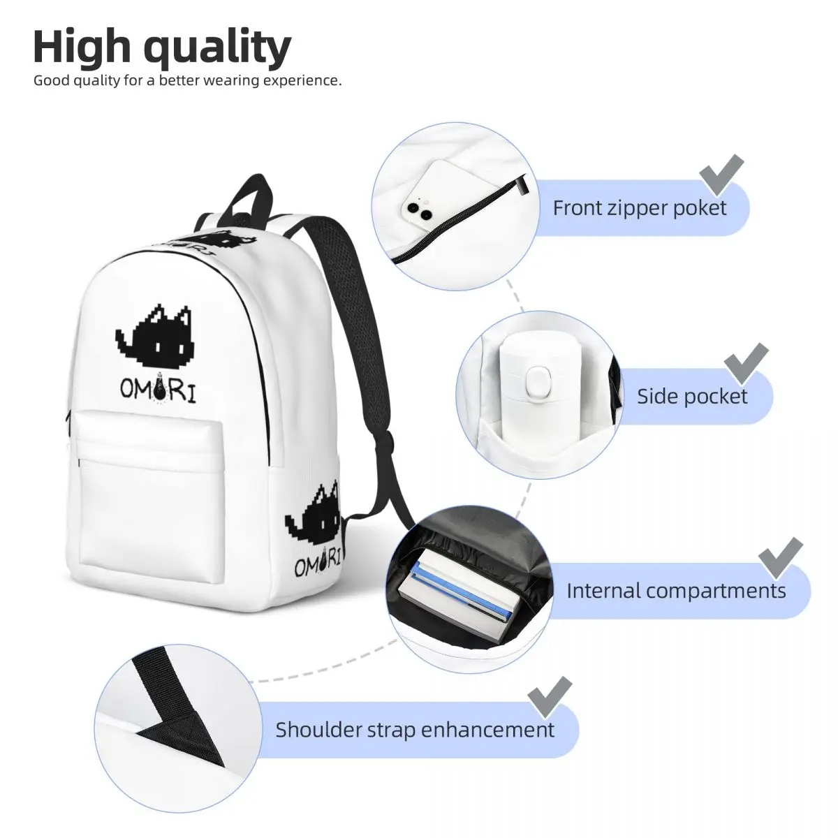 Omori-Cat Game Mochila Leve para Homens e Mulheres, Bolsa de Ombro para Computador Portátil, Mochila para Viagem, Escola Secundária, Caminhada, Viagem, Adolescente