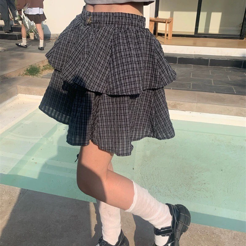 Deeptown Ruffle Geruite Mini Rok Vrouwen Kawaii Preppy Stijl Korte Rokjes Gelaagd Schattige Koreaanse Mode Casual Straatrok