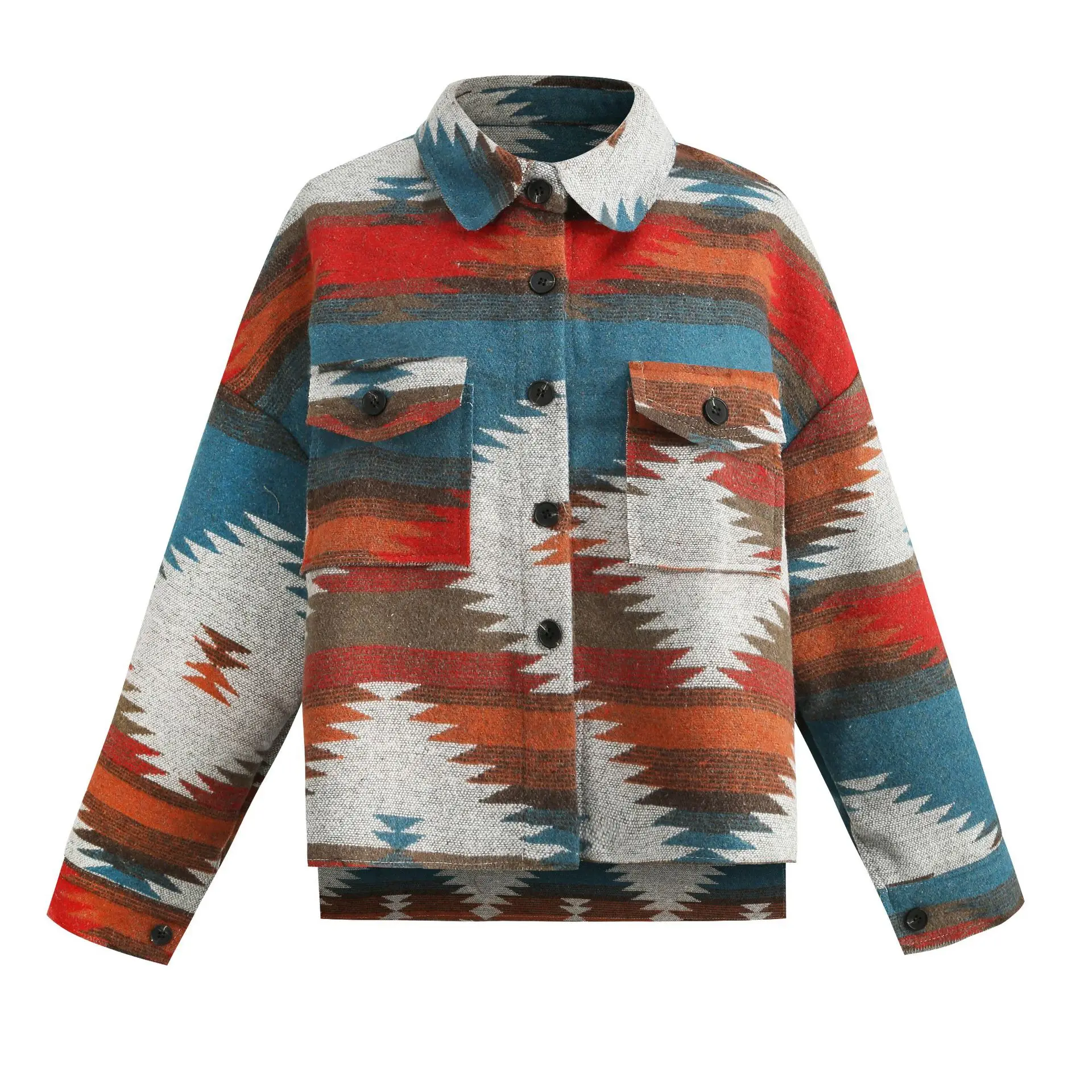 Jacket Blends Women Print Wool Coat Outerwear Single Breasted Cardigan Jackets Turn Down Collar Long Sleeve Casual Spliced