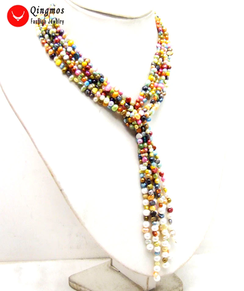 Qingmos Natural Multicolor Pearl Necklace for Women Jewelry with 5mm Baroque Pearl Sweater Necklace Long Necklace 3 Strands 45