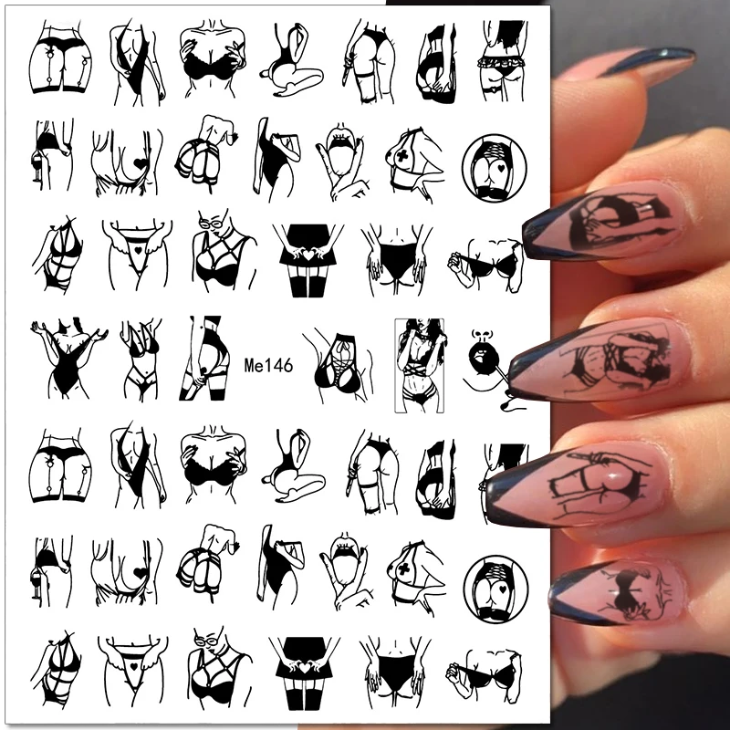 

Sexy Lady 3D Nail Stickers Character Abstract Face Image Black Flower Cat Nail Decals Sliders DIY Manicure Nail Art Decoration