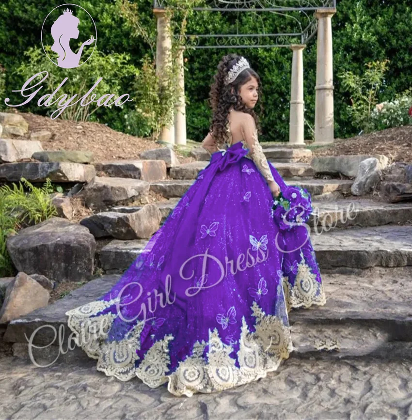 Robe de demoiselle d'honneur violette personnalisée pour mariage, appliques de papillons, longueur au sol, fête d'anniversaire pour enfants, robe de Rhde première communion