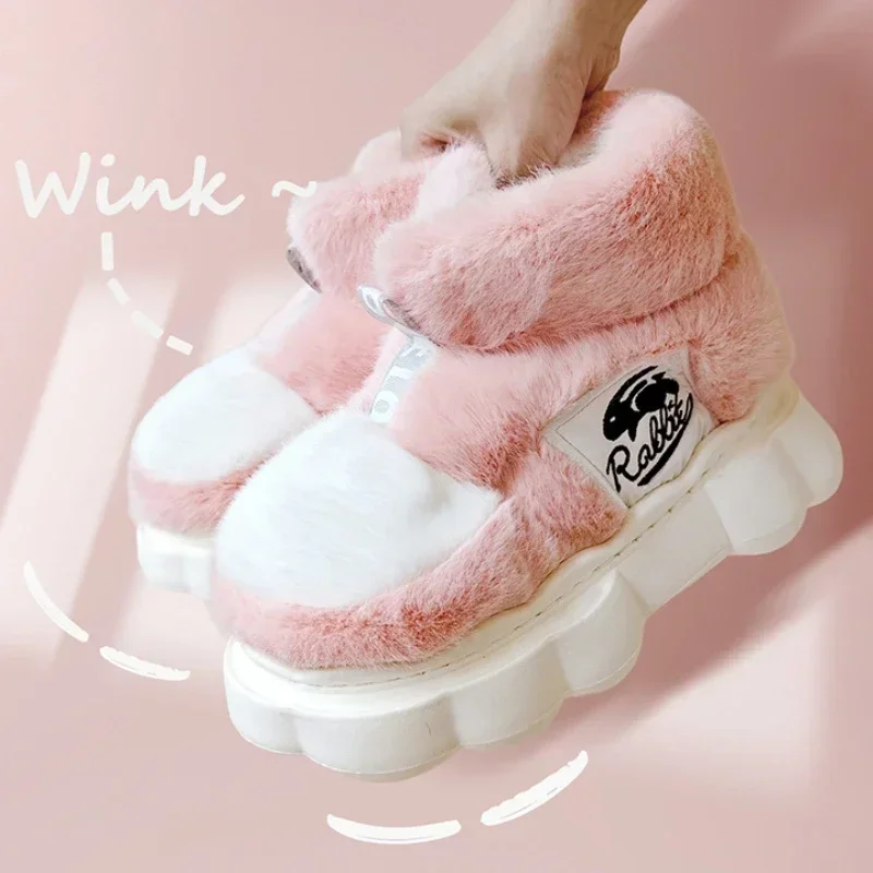 Women Cotton Slippers Winter Warm Shoes Plush Lining Indoor Couple Slides Platform High Top Snow Boots Female Male Home Slipper