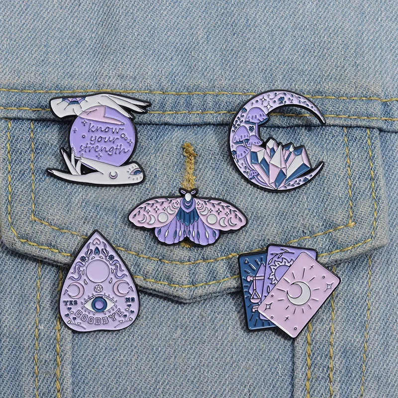 Purple Magic Tarot Enamel Pins Butterfly Brooches Lapel Badges Funny Crystal Moon Punk Jewelry Gift for Kids Friends Wholesale