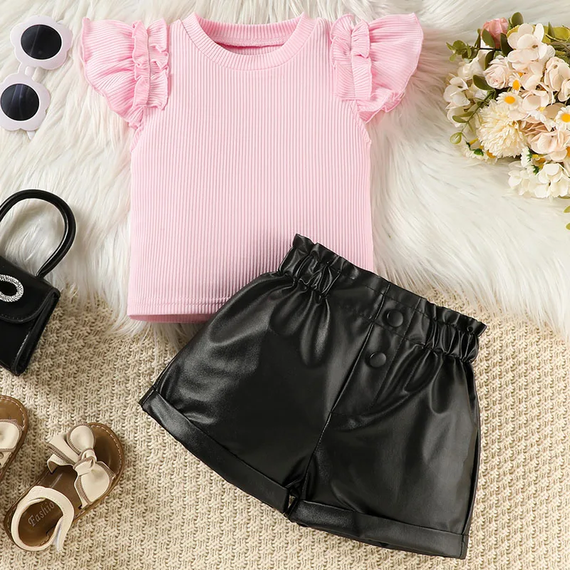 

2Piece Summer Kids Girls Clothes Korean Fashion Flying Sleeve White Top+PU Shorts Baby Boutique Clothing Children's Sets B197