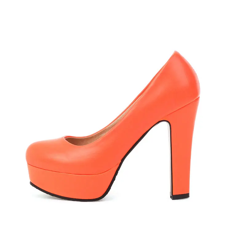 Round Toe Shallow Mature Ladies Pumps Thick Spike High Heeled Office Female Shoes Platform Stiletto Women Green Orange Heels
