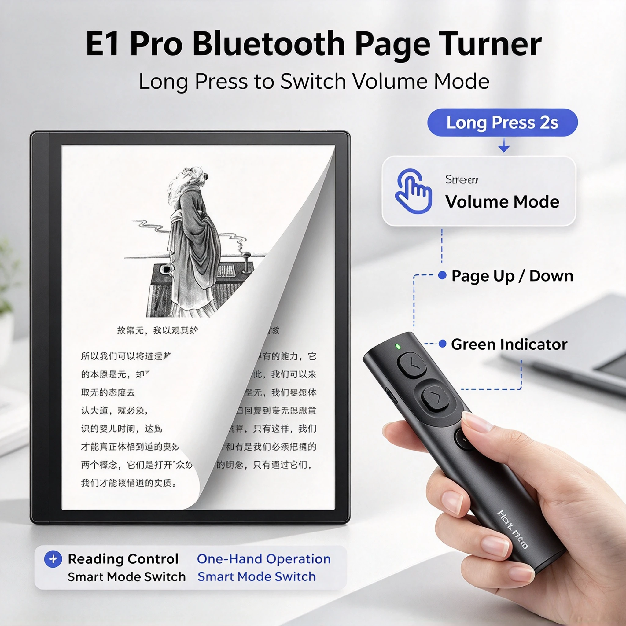 E1Pro Bluetooth Page Turner Remote Wireless Remote for Novel Reading Works with IPad IPhone & Android Tablets XTEINK E-Reader