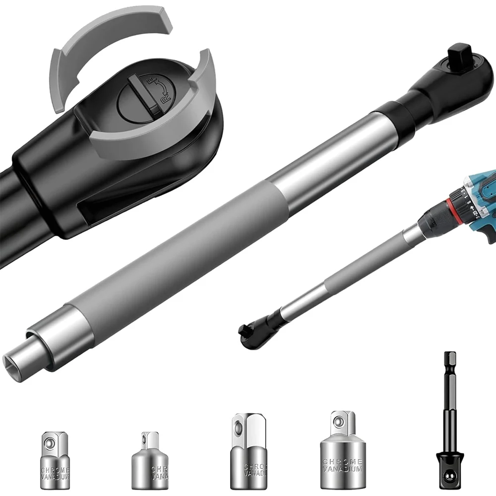 

Offset Extension Wrench for Electric Drills,ratchet extension includes with 1/2" 3/8" 1/4" Square Drive Adapters