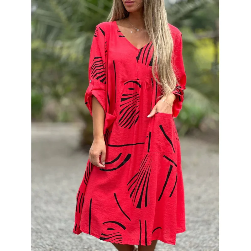 2024new fashion casual high waist print long sleeve plus size dress