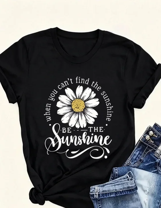 2026 New Women Pure Cotton Short Sleeve T Shirt Soft Loose Fit Daisy Print With Be The Sunshine Quote Lightweight Fall Casual Outfit Basic Top T Shirt
