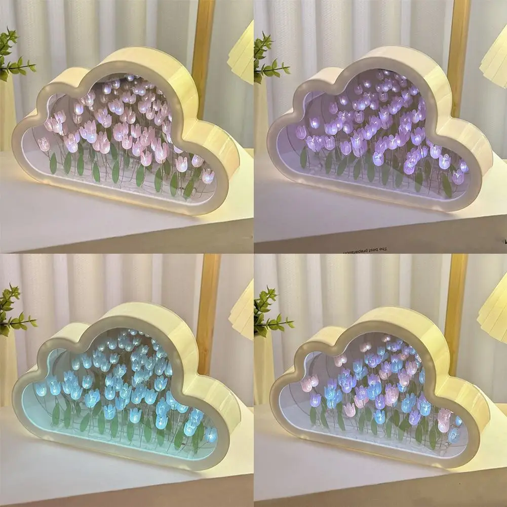 ทําด้วยมือ DIY ดอกทิวลิปดอกไม้ Sea Night บรรยากาศโคมไฟเมฆ TULIP โคมไฟ LED Night Light กระจกตารางโคมไฟตกแต่งห้องนอนไฟใหม่