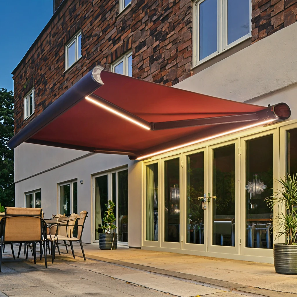 

Наружный садовый навес из алюминиевого сплава для балкона, моторизованный, выдвижной, с полной кассетой, с дистанционным управлением, защита от УФ-излучения и дождя