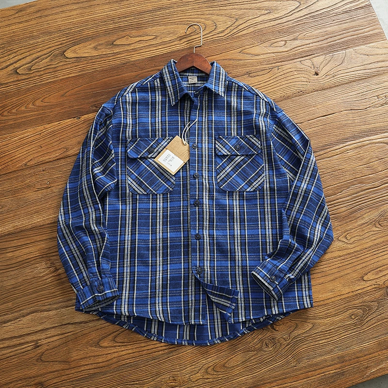 Trendy plaid shirt Men's Fall/winter weighty OZ vintage all-cotton thickened ground flannel long-sleeved cargo shirt