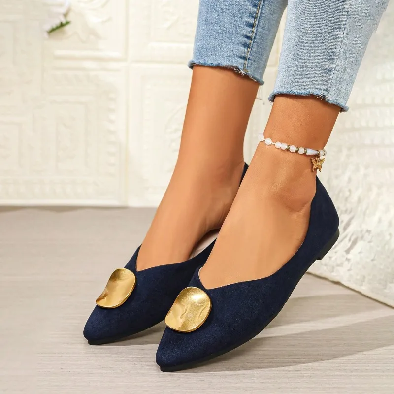 French Niche Fine Order Shoes for Women, 2026 New Pointed Shallow Mouth Metal Buckle Soft Leather Soft Low Shoes