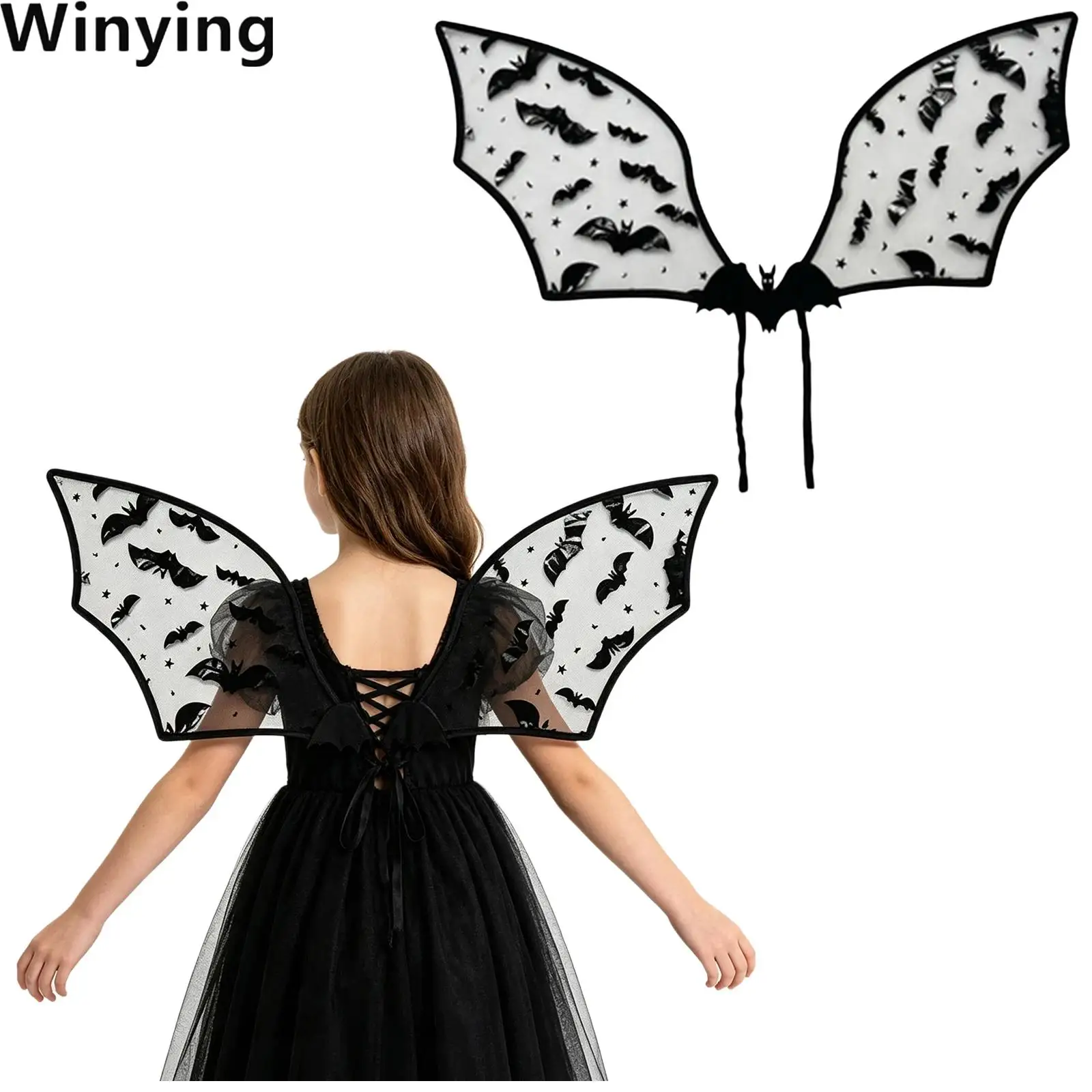 Kids Sheer Mesh Foldable Wing Bat Pattern Devil Bat Wing with Ribbon Tie Halloween Cosplay Accessory Party Props