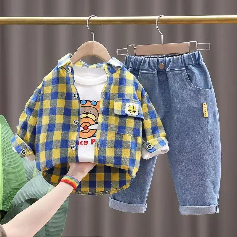 

Baby Boy Clothes 0-5Y Spring Autumn Fashion Suit Boys Cartoon Plaid Shirts Jeans Children's Casual Clothes Baby 3 Piece Sets