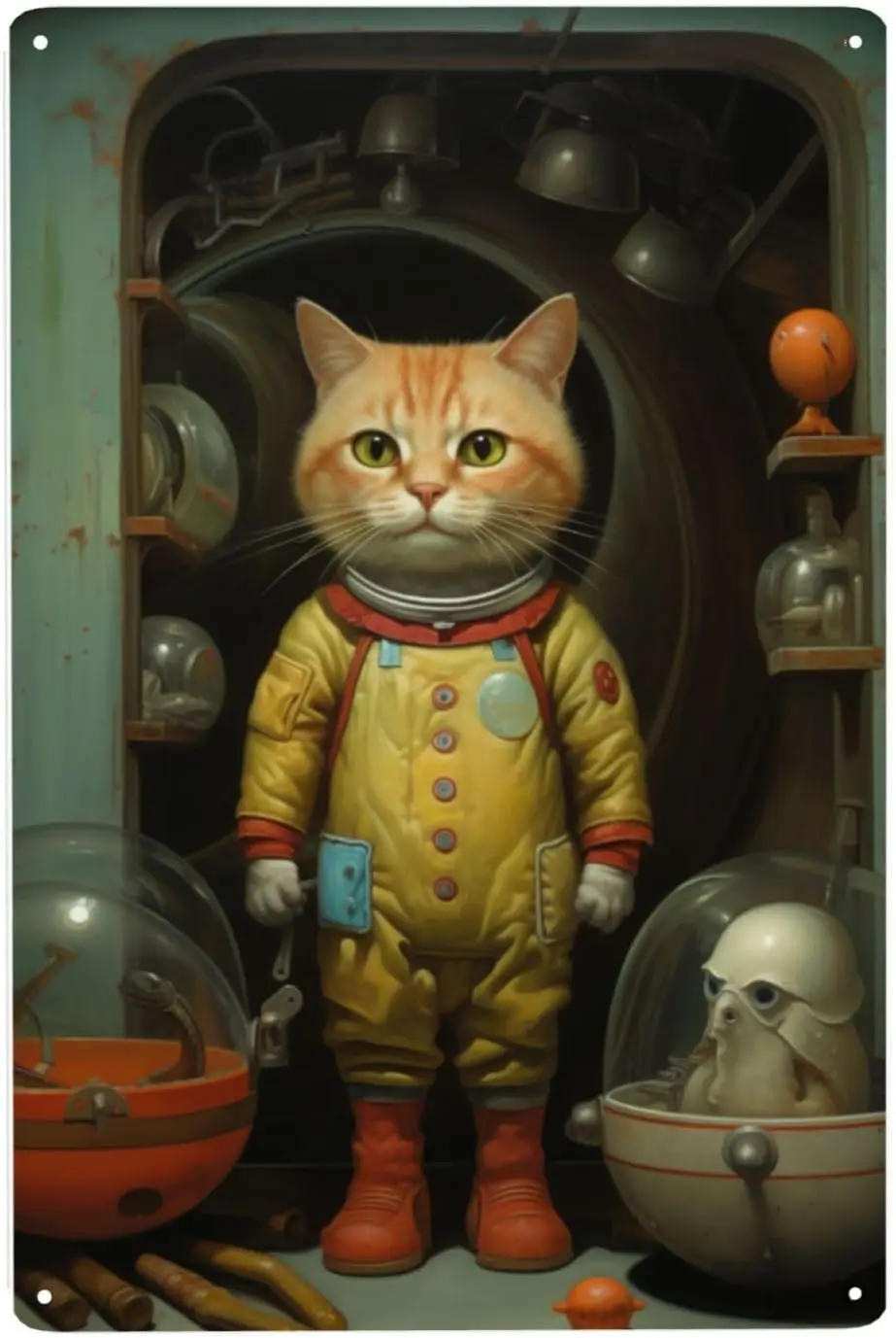Whimsical Astronaut Cat Metal Wall Art Retro Sci-Fi Tin Sign,Cosmic Explorer Feline Decor,Indoor Outdoor Space Theme,Unique sign