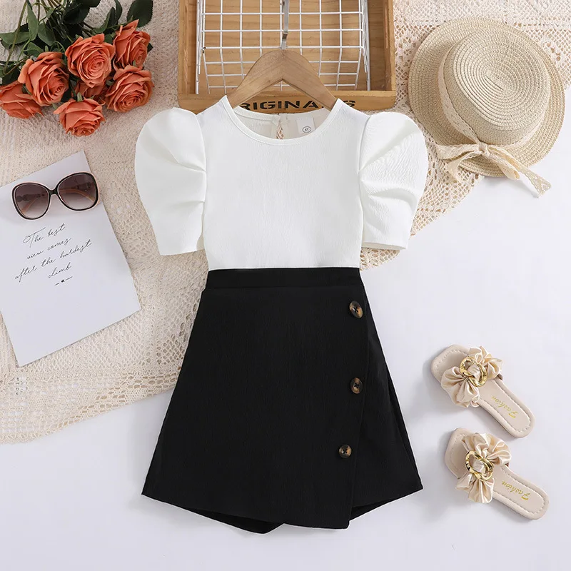 2 Stück Kinder Freizeit kleidung Sets für Mädchen Sommer neue Kinder Mode weiße Puff ärmel Tops schwarz kurze Rock Hose 7-14y