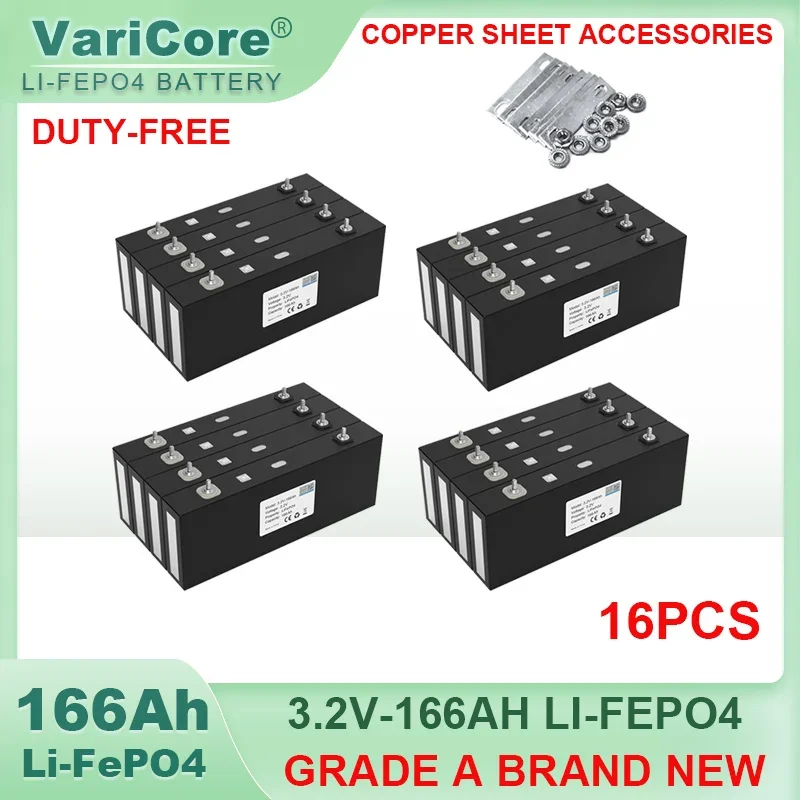 16pcs 3.2V 166Ah LiFePO4 Rechargeable battery DIY 12v 24V Golf Cart Motorcycle Electric Car RV Travel Solar Grade A Batteries