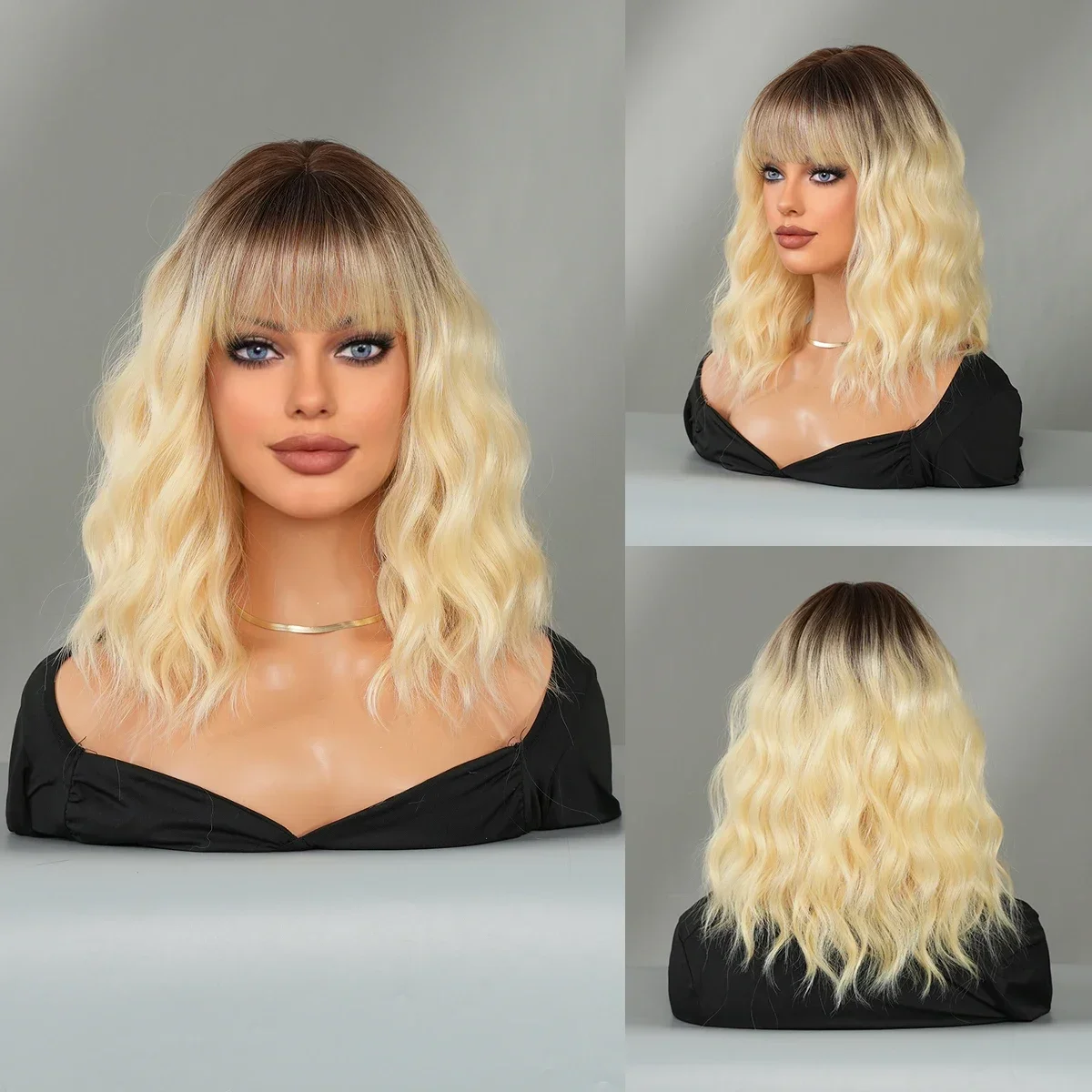 PARK YUN Routine Wigs Shoulder Length Water Wave Ombre Blonde Wigs with Dark Roots High Density Synthetic Hair Wig With Bangs