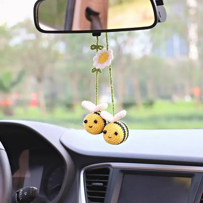 Crochet Bee Car Accessories Handmade Crochet Bee Ornament Woven Bee Rearview Glass Charm Unique Bee Handmade Crochet Car