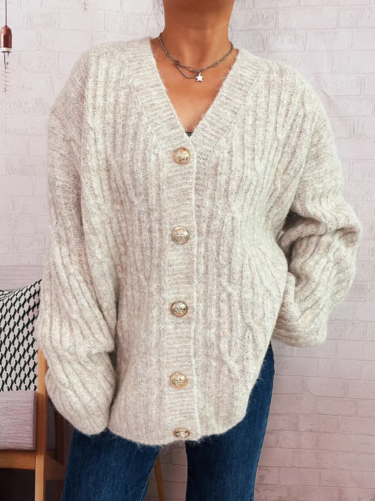

Autumn Winter V Neck Single-breasted Knitted Cardigan Women 2025 Loose Casual Long Sleeve Sweater Coat