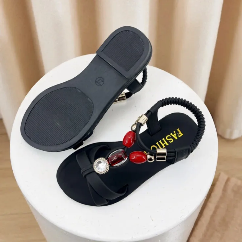 Retro Kids Boho Sandals Summer Bead Rhinestone Girls Princess Beach Shoes Outdoor Lightweight Children's Open-toe Flat Sandals
