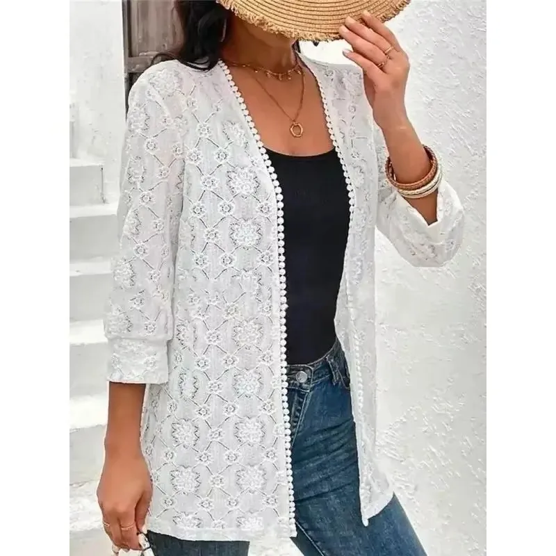 Women's Plus Size 1XL-5XL Casual Solid Color Lace Half-sleeve Cardigan Fashionable and Versatile Commuter Cardigan Top