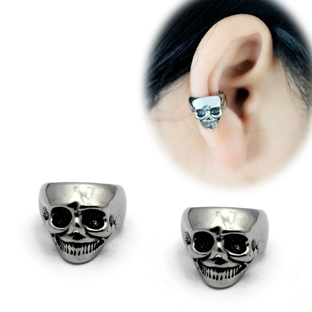 Retro Skull Helix Non-Pierced Ear Clips for Men Women Stainless Steel Punk Gothic Edgy Jewelry Rock Hiphop Accessories Cool Gift view 2