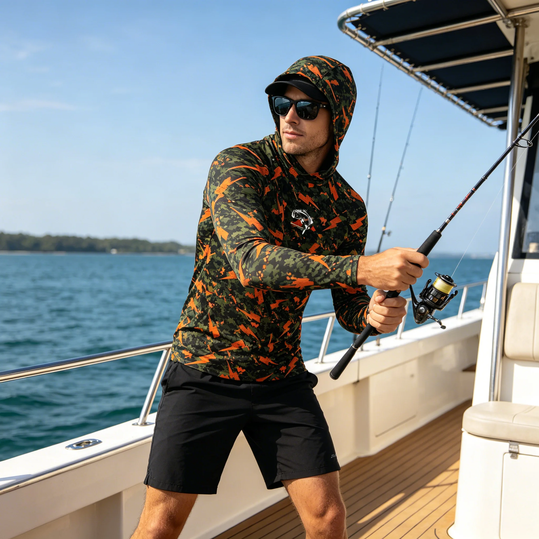 Mens UPF50+ Fishing Hoodie Camo Print Long Sleeve Quick Dry Breathable Bass Fishing Lightning Pattern Summer Anti UV Rash Guards